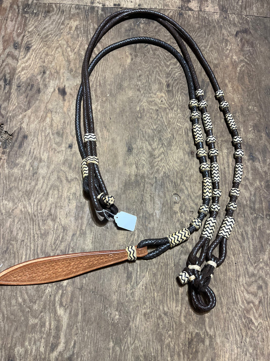 Romal reins with rawhide leather popper