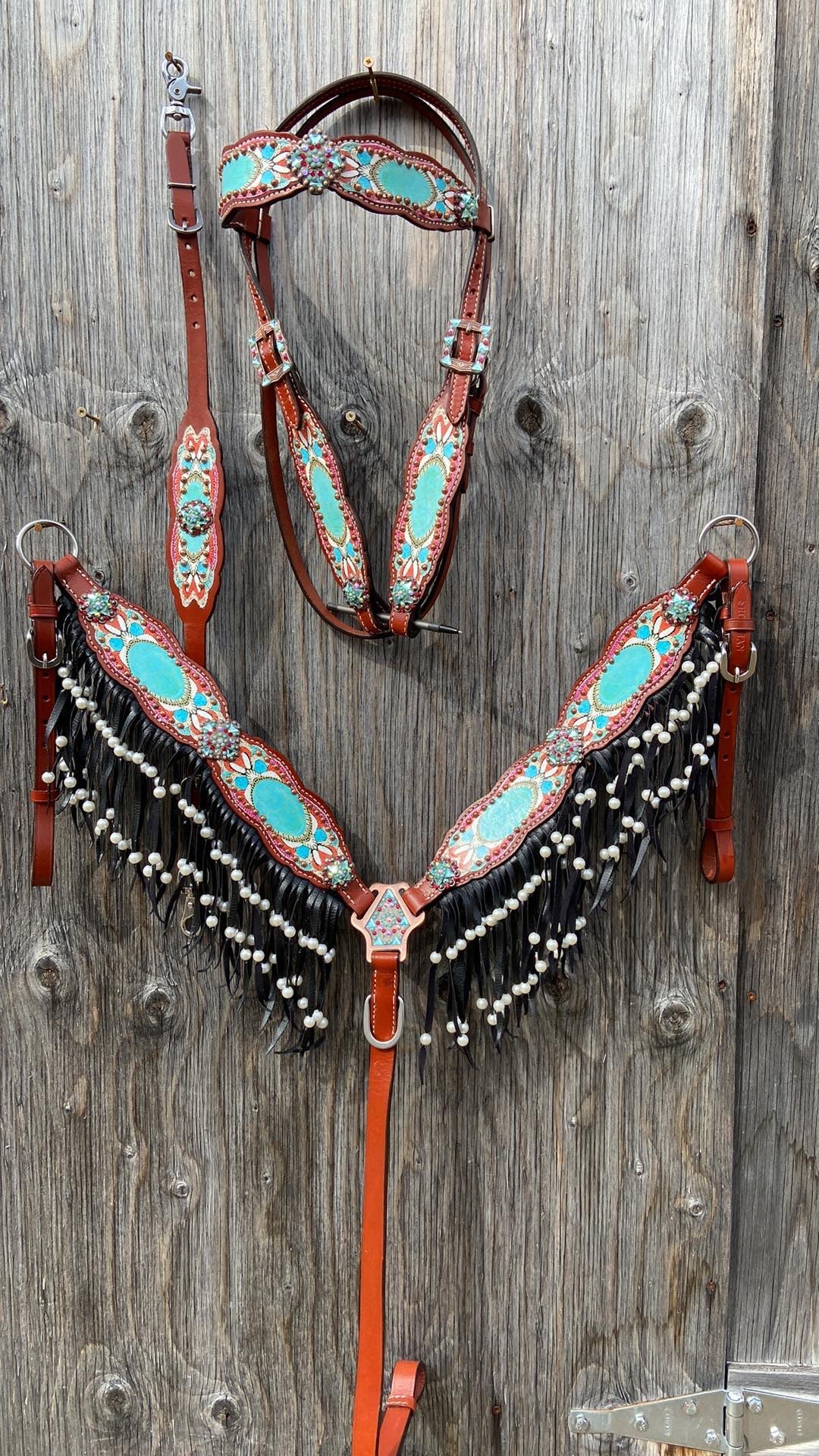 3 piece antique inspired tack set with matching wither strap