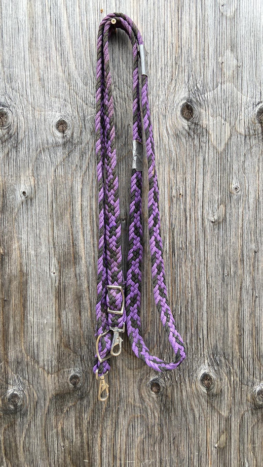 Purple and black barrel reins with snaps