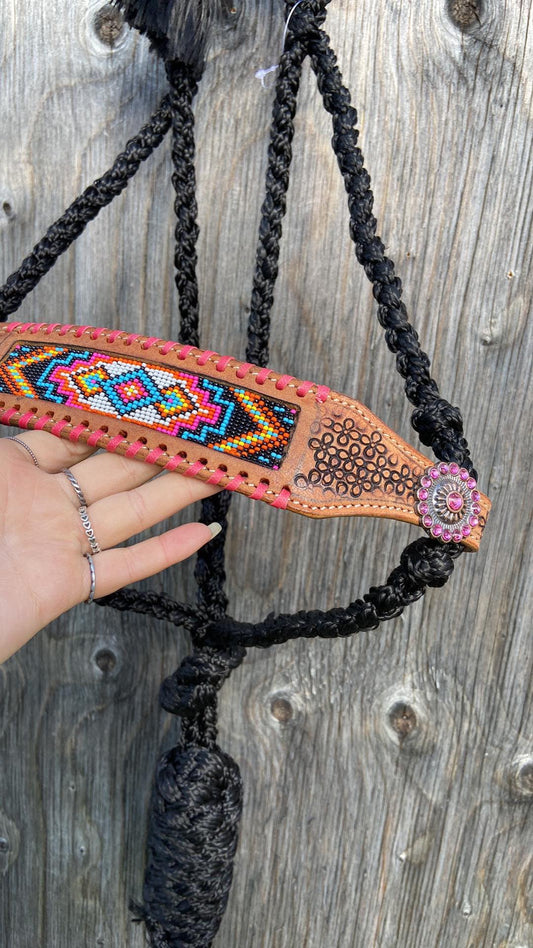 Pink Aztec beaded muletape halter and lead