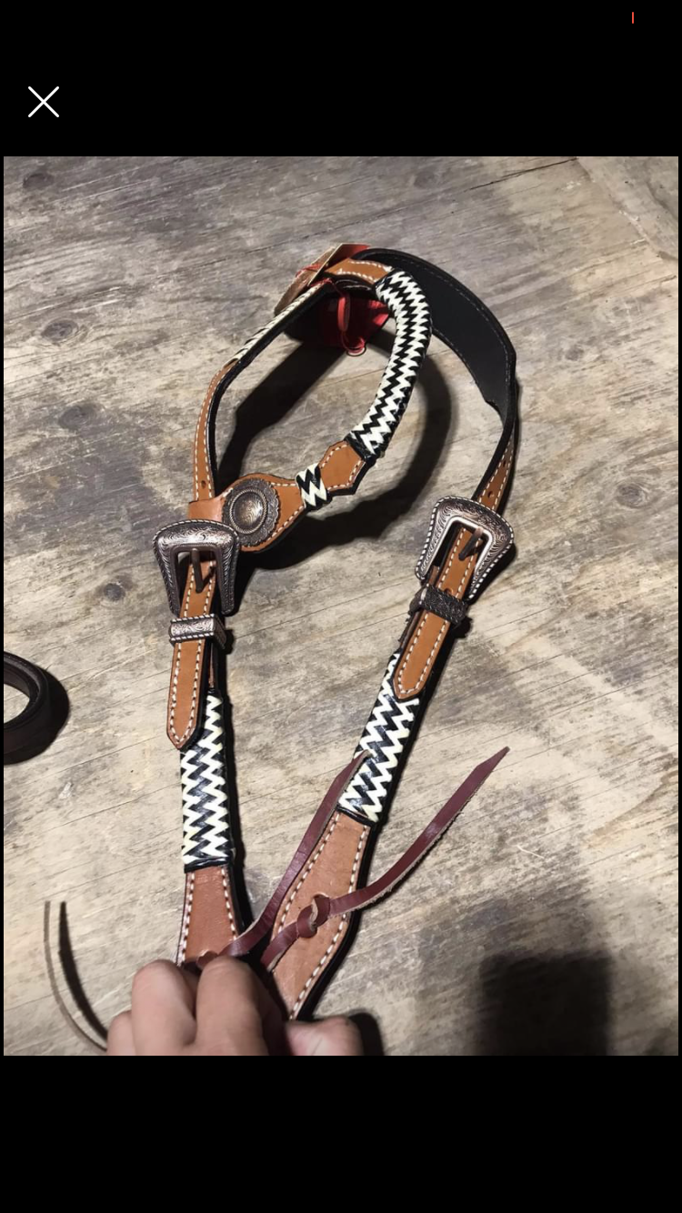 One ear laced black & white leather headstall